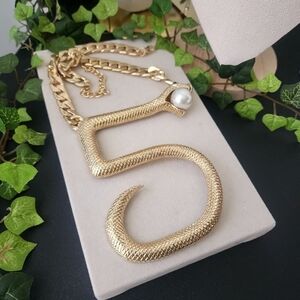 Statement Gold Chain Necklace Number Five 5 Shaped Snake Holding Pearl